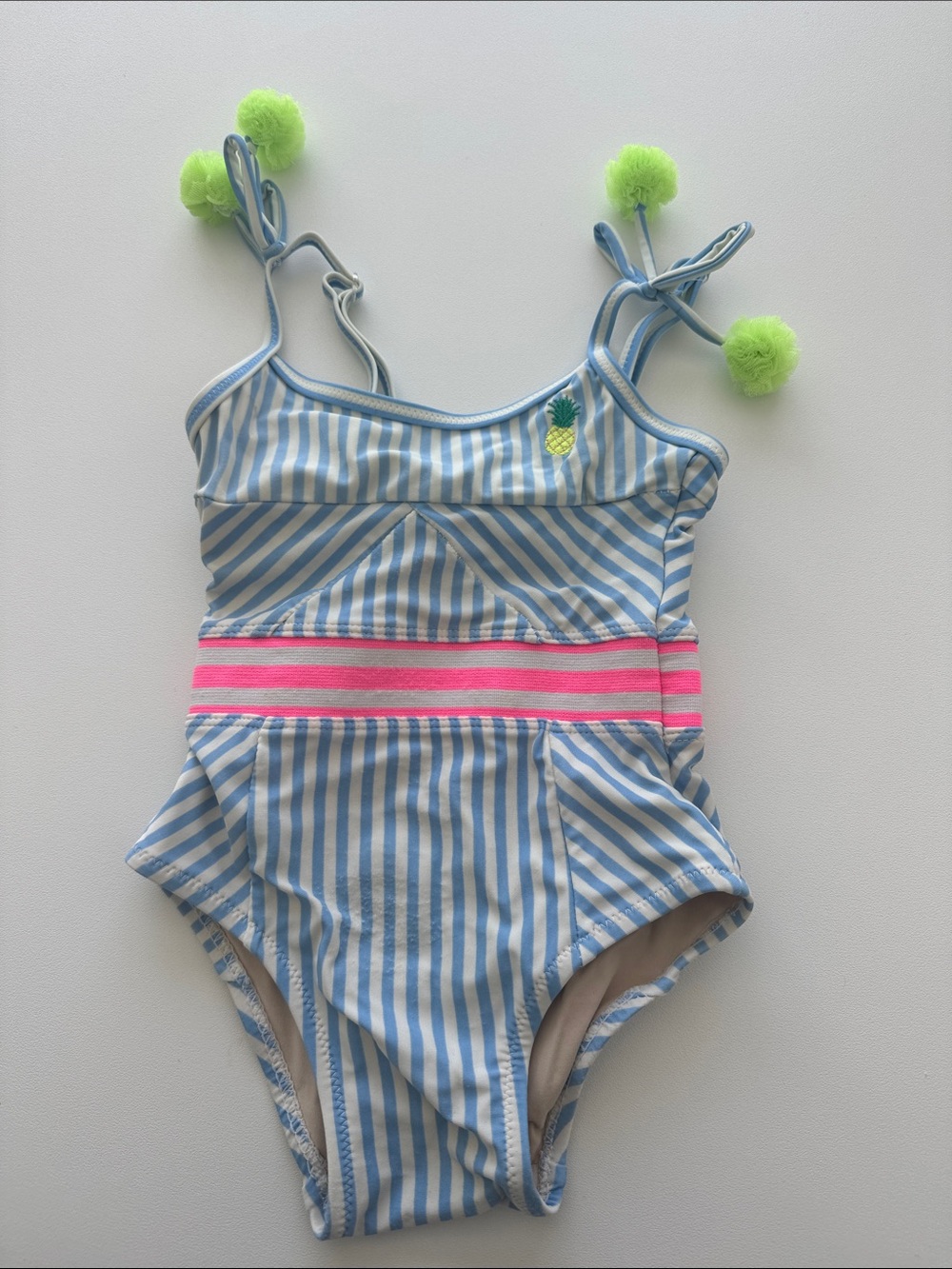 Toddler Blue & White Striped One-Piece Swimsuit with Pink Waistband